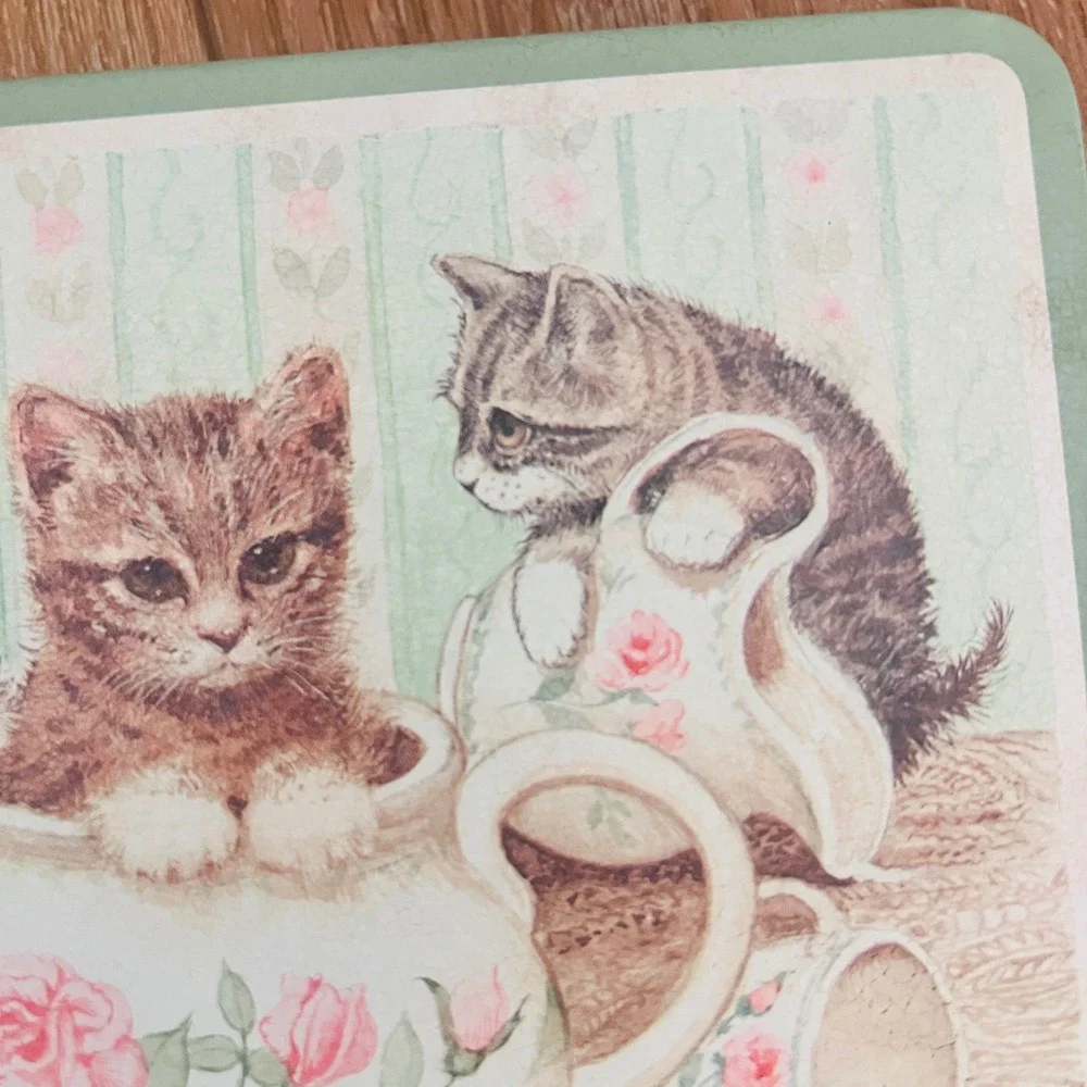 Vtg Keller Charles Philadelphia Kitten Teapot Tin Decorative Metal Box Green